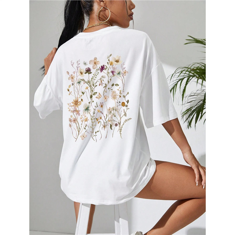 European Size Cross-Border] Breathable Printed t European Size Soft Beautiful Cotton Comfortable Short-Sleeved Shirt Top Casual Cotton Women's Flower