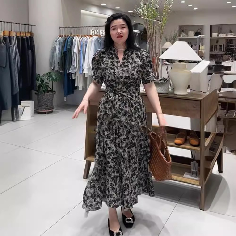 Đầm maxi hoa nhí phong cách Pháp chất liệu chiffon tay ngắn thắt eo — Hoa nhỏ
