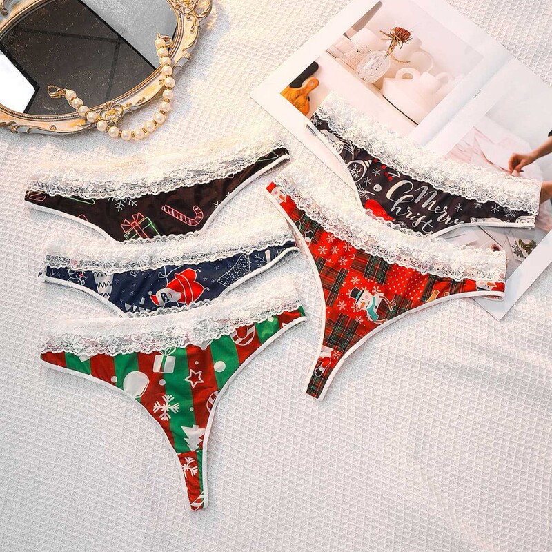 Christmas ladies plus size panties thong waist breathable T pants wholesale briefs lace printed contrast 432