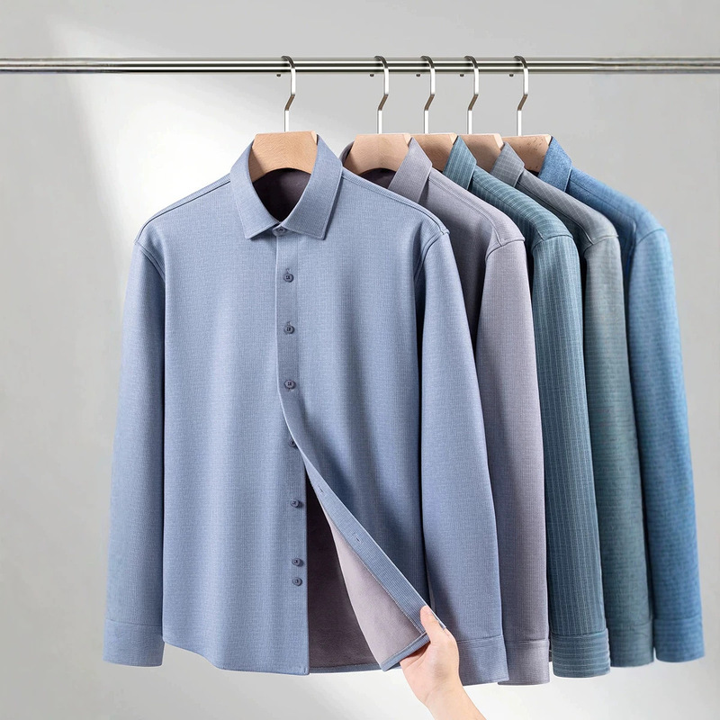 Men's seamless fleece-lined warm shirt, waffle knit, stretchy, business style, autumn and winter long-sleeve, versatile, heat-retaining shirt