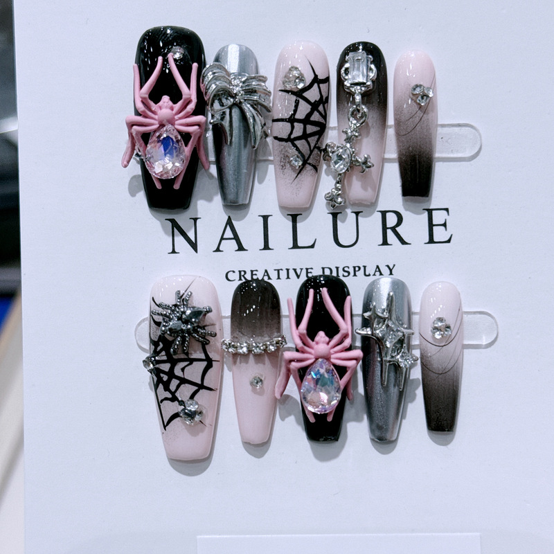 Necko Nail Art Punk Style Black Powder Cool Spider Thorn Niche Design Sense Nail Art Hand-worn Armor Removable