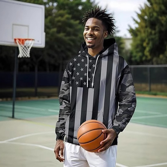 Camuflaje geométrico rayas belleza bandera estampada 3D hombres sueltos de manga larga hombro con cordón suéter con capucha sudadera