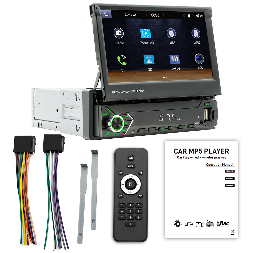 Transfronterizo 7 pulgadas pantalla retráctil carplay inalámbrico navegación MP5 reproductor de automóviles radio de automóviles Bluetooth