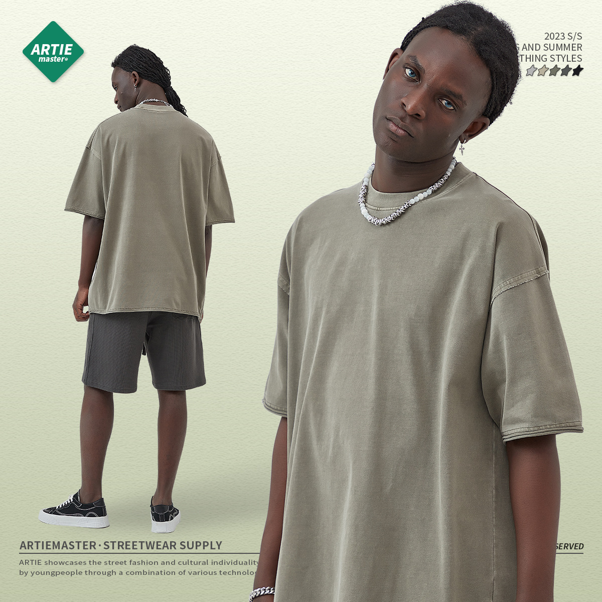 ARTIE Delgado de los hombres 275g de lavado pesado camiseta suelta marca de moda de la calle