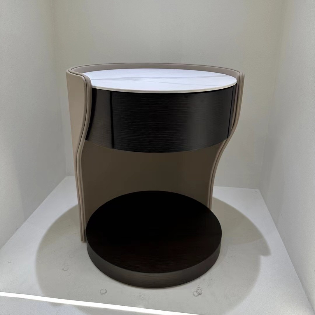 现代床头柜大师设计意式极简马鞍皮床边柜小户型卧室收纳柜岩板面