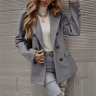 欧美跨境外贸女优雅休闲时尚双排扣翻领袋盖风衣呢子西装外套夹克