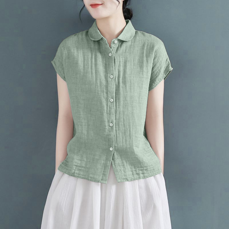 Pure Linen Shirt Women's Sleeveless Top Summer Literary Casual Large Size Temperament Fashion Solid Color Versatile Short-Sleeved Shirt