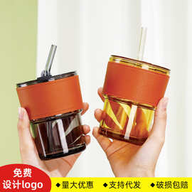 高颜值便携竹节吸管杯创意水杯ins风网红咖啡玻璃杯印字礼品杯子