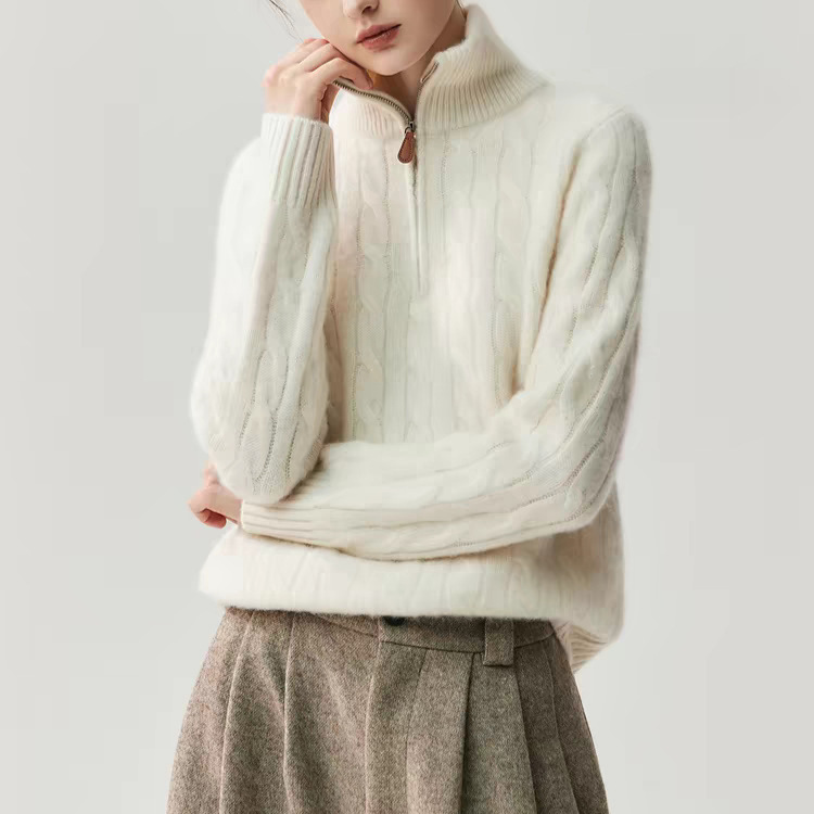 Cashmere Women's Autumn and Winter New Style Stand-Up Collar Half-Zip Twist Loose Warm Sweater Knitted Base Layer Cream White