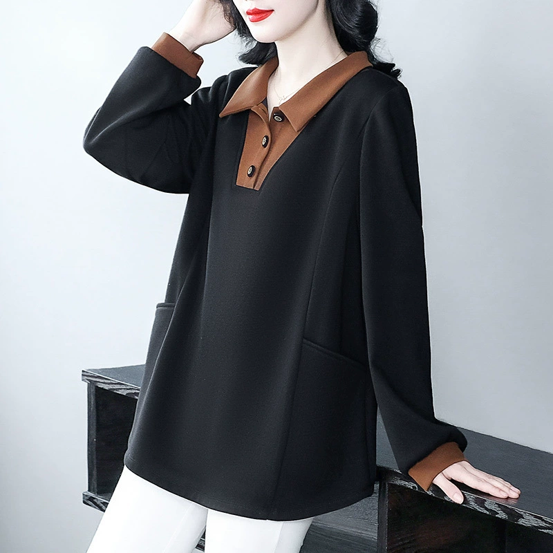 Осенний и зимний бархатный утолщение, теплый и повседневный большой размер, свободная рубашка POLO, топ, толстая мама среднего возраста, повседневная женская одежда