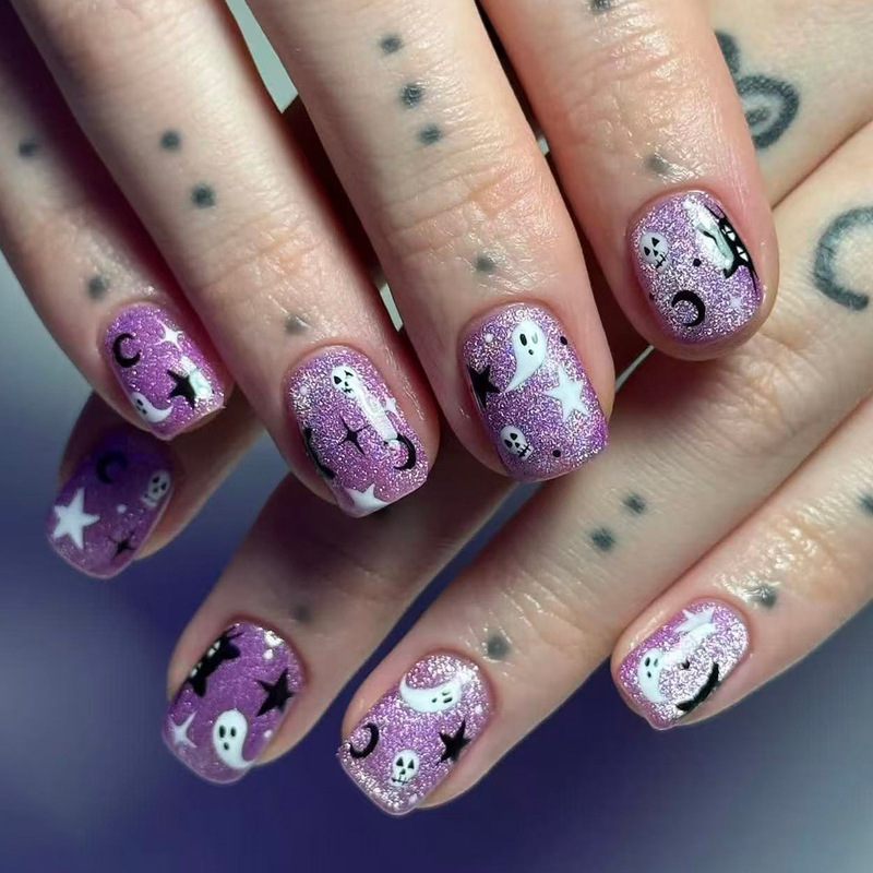 Charming Purple Cat-Eye Short Square Halloween Skull Ghost Black Cat Graffiti Design Wearable Nail Art Nail Stickers Charming Purple Cat-Eye Short Square Halloween Skull Ghost Black Cat Graffiti Design Wearable Nail Art Nail Stickers