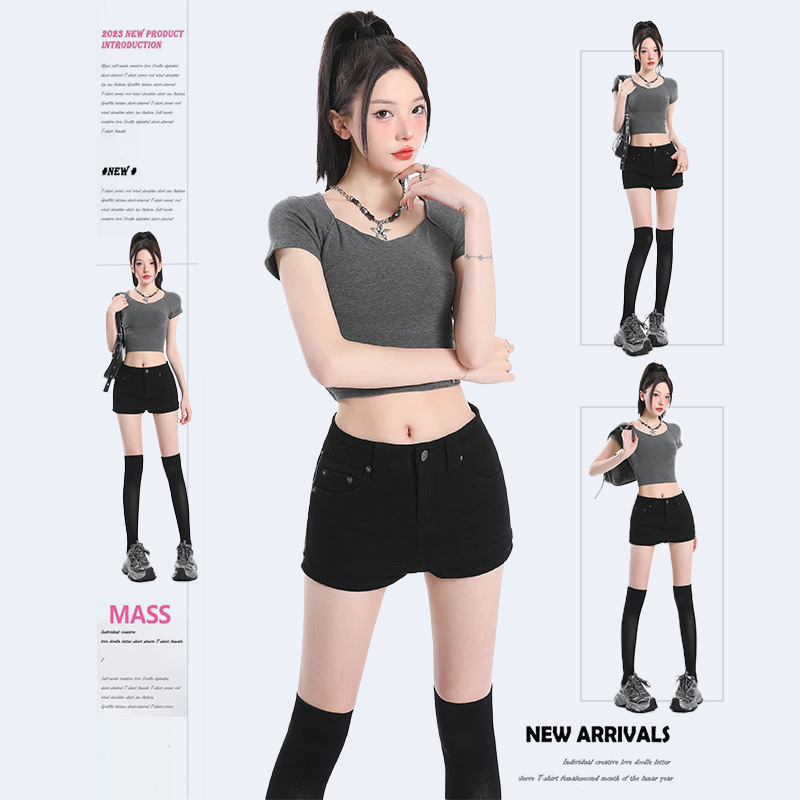 Trendy Low-Waist Sexy Denim Shorts for Women, Summer Black Side Zipper Slit Slimming Anti-Exposure Shorts