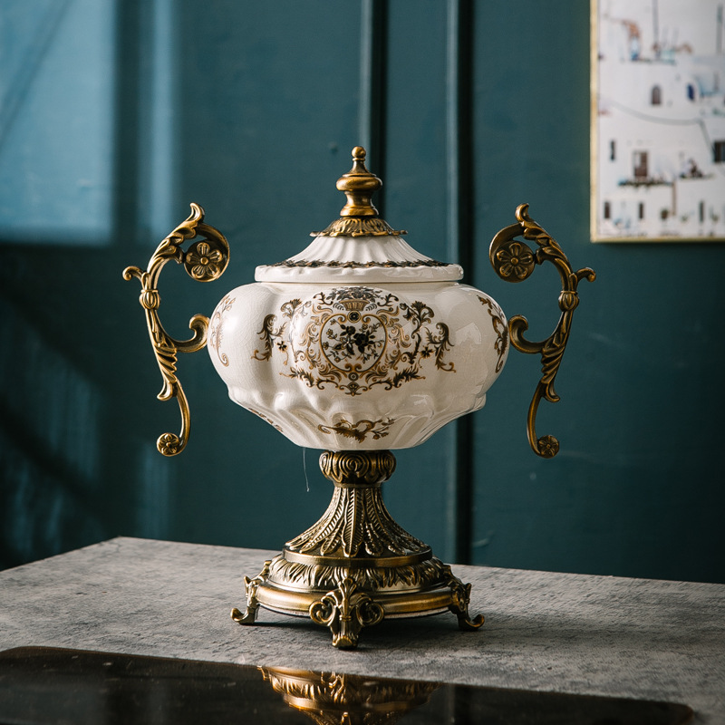 创意美式复古陶瓷将军罐摆件别墅会所客厅玄关欧式双耳储物罐装饰