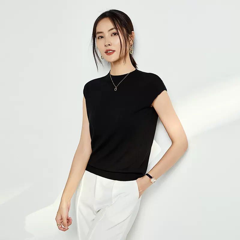 现货黑色天丝针织短袖女2025夏新款时尚百搭小包袖圆领打底针织衫