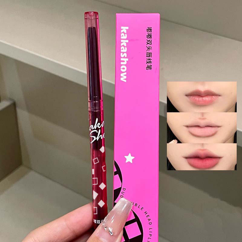 Maquillaje Kakashow doble cabeza lápiz de labio de contorno de labio de color duradero impermeable mate falso fabricante de labio