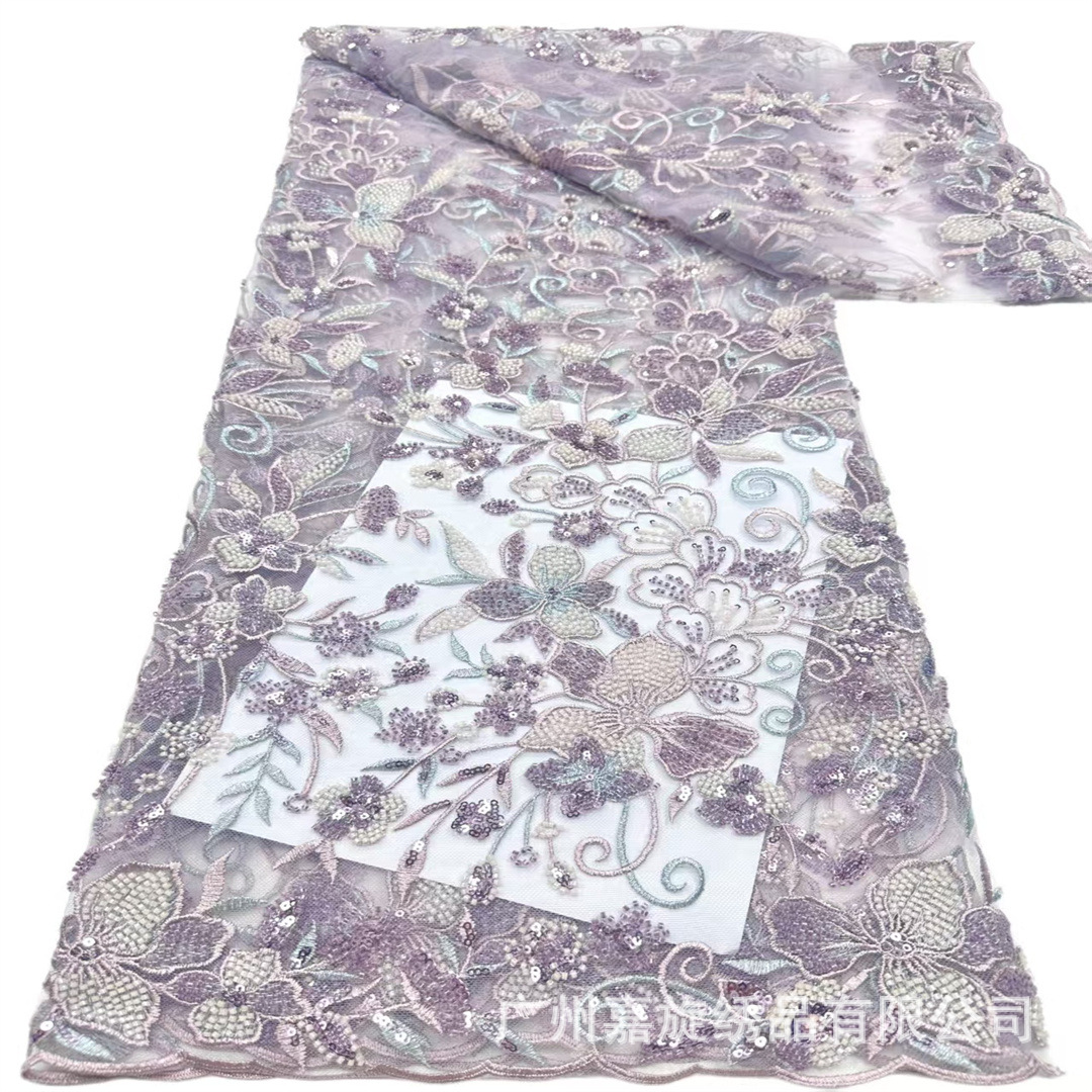 Tela de bordado pesado con diseño floral de una sola cara, lentejuelas con cuentas, adecuada para vestidos de novia, vestidos de noche y encaje de qipao.