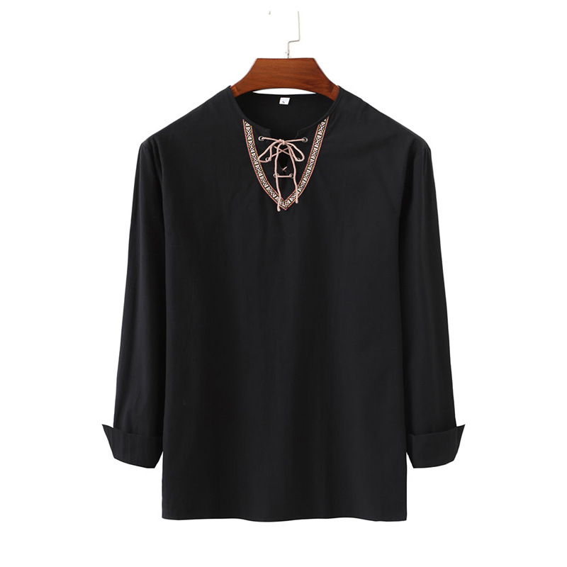 2023 primavera y otoño transfronterizo nuevos hombres europeos y americanos sueltos color sólido cordón camisa de manga larga algodón y lino soporte collar camisa de los hombres