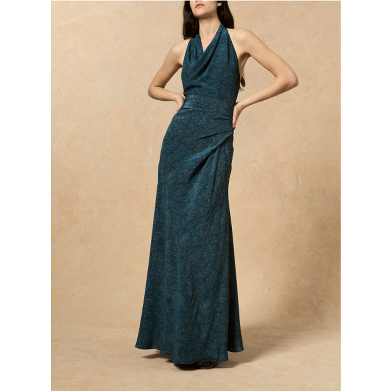artistic sense of unique beautiful small skirt! Mulberry Silk Watercolor Printed Halter Shroud dress Women