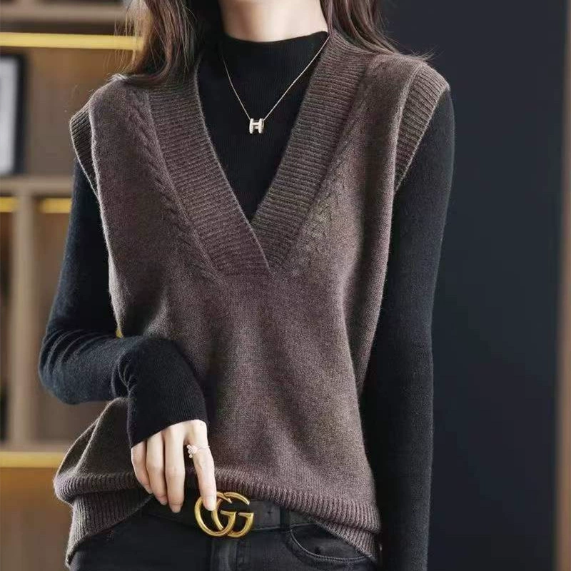 Жилет женский 2023 весенне-осенний вязаный однотонный Свободный жилет без рукавов с V-образным вырезом, жилет, зимняя рубашка, свитер