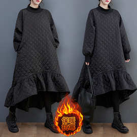 实拍2026冬季韩版宽松时尚高领棉衣菱格加厚棉外套荷叶边连衣裙