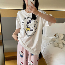 直播春夏季新款纯棉睡衣女圆领卡通短袖长裤休闲家居服套装可外穿