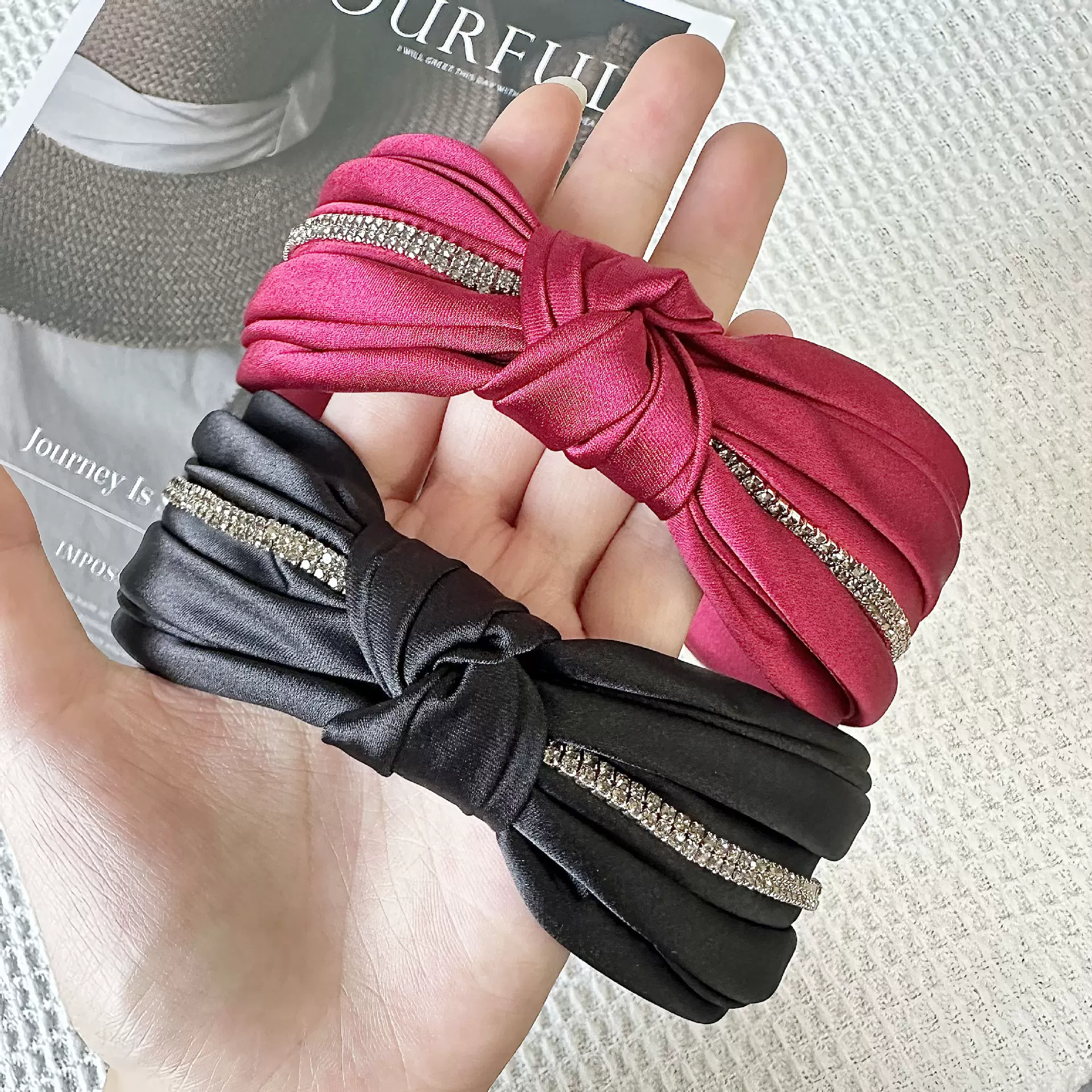 法式小香风缎面高级感气质发箍水钻大肠圈蝴蝶结弹簧夹高颅顶发饰