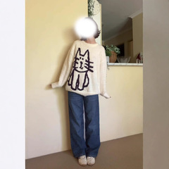 秋冬新品亚马逊新品甜美休闲宽松小猫提花女装套头百搭圆领毛衣