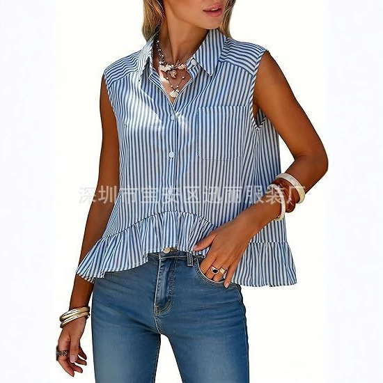 2026 Sleeveless Shirt, Open-Front Ruffle Top, Casual Striped Work Shirt, Beach Travel Shirt Without Pockets 2026 Sleeveless Shirt, Open-Front Ruffle Top, Casual Striped Work Shirt, Beach Travel Shirt Without Pockets