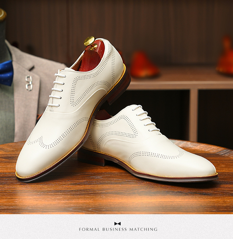 Britiske brogues udskårne herresko i ægte læder, hvide bryllupsbrudepigesko, bryllupsbrudgomssko, herresko i læder, afslappet business-stil_voghion.com