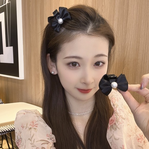 Black Two-Sided Bow Hair Clip Princess Hair Pin Satin Surface Pearl Small Forehead Hair Clip Fringe Hair Clip Hairpin Head Accessory