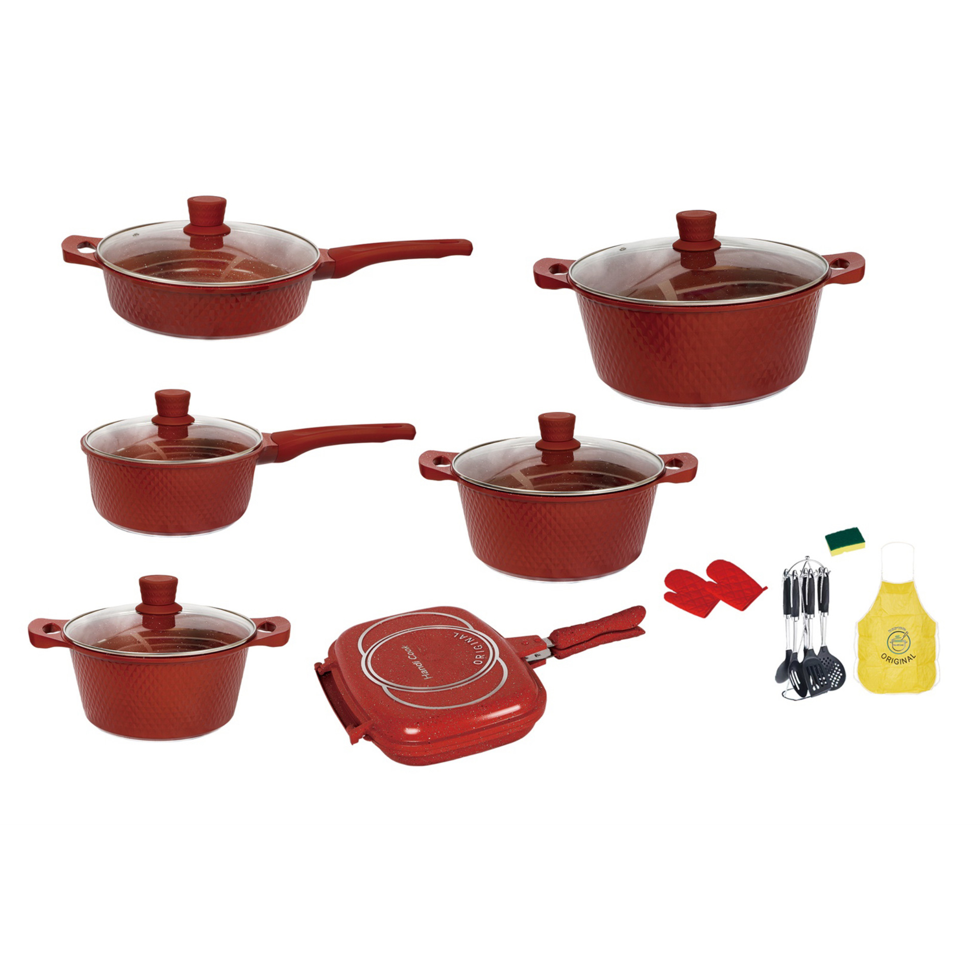 小钻23件套压铸铝不粘锅多尺寸汤锅煎锅烤盘厨具组合铲子围裙配件