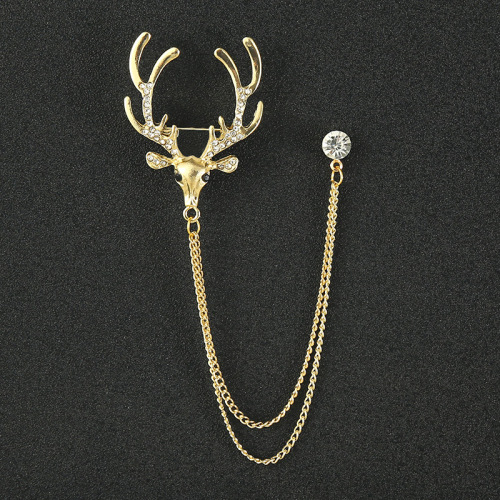 Full diamond eagle deer head men's domineering brooch suit jacket bow tie accessories fashionable personality chain tassel brooch
