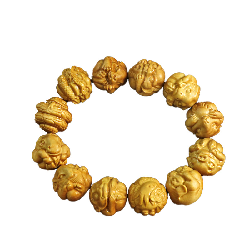 Handgeschnitztes Buchsbaum Armband Mit Zwölf Tierkreiszeichen_voghion.com