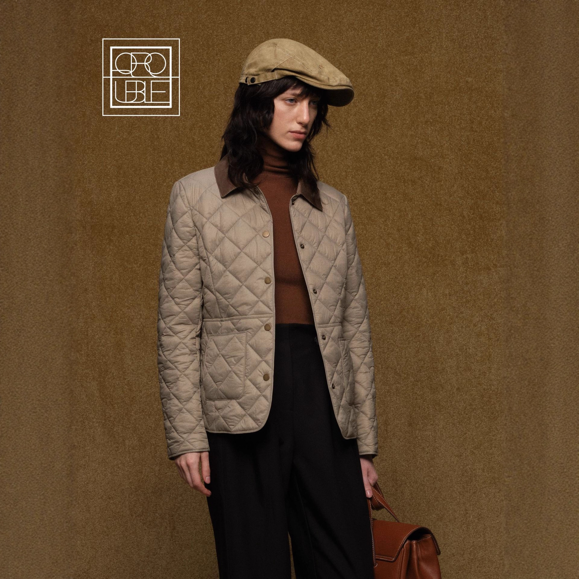 QROUBLE俏帛【定制】新品大牌棉服灯芯绒拼接翻领菱格保暖外套女