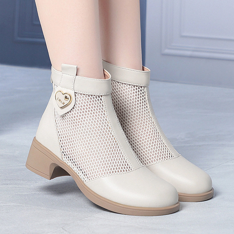 Boot nữ cổ thấp da lưới gót thấp thoáng khí, đế thô chắc chắn — màu đen