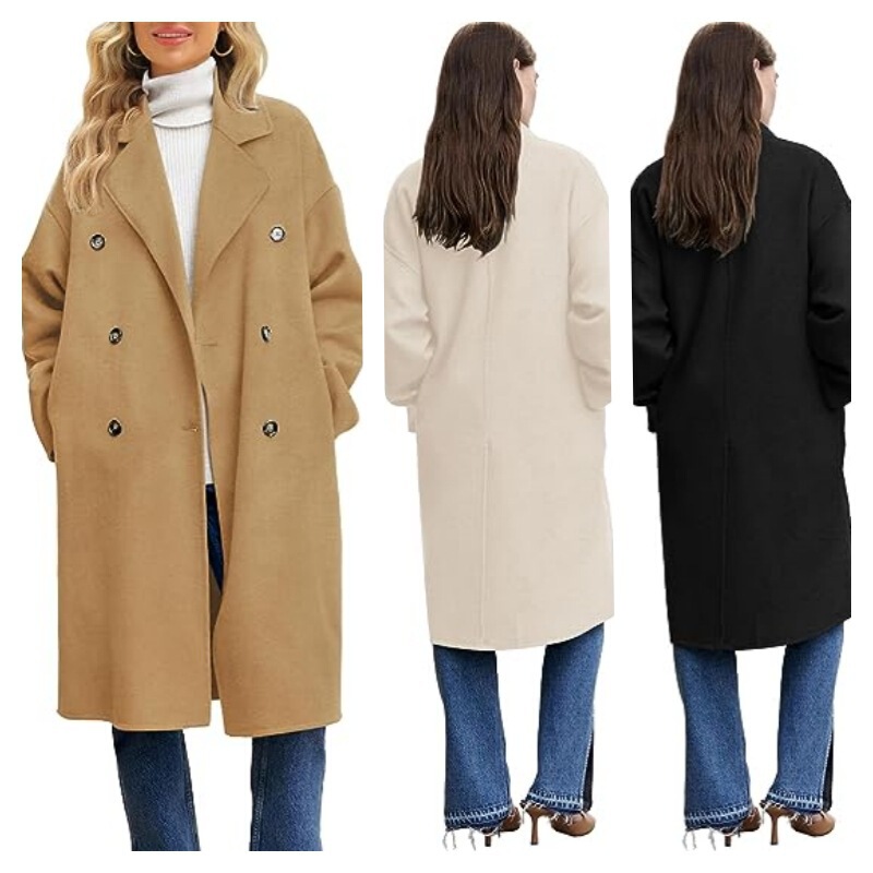 European and American Women's Double Breasted Peas Coat Winter Fashion Notched Lapel Wool Blends Coat Long Jacket