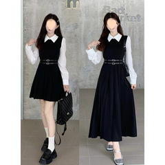 大碼長袖連衣裙女秋季顯瘦收腰領長裙胖假兩件百褶氣質裙子