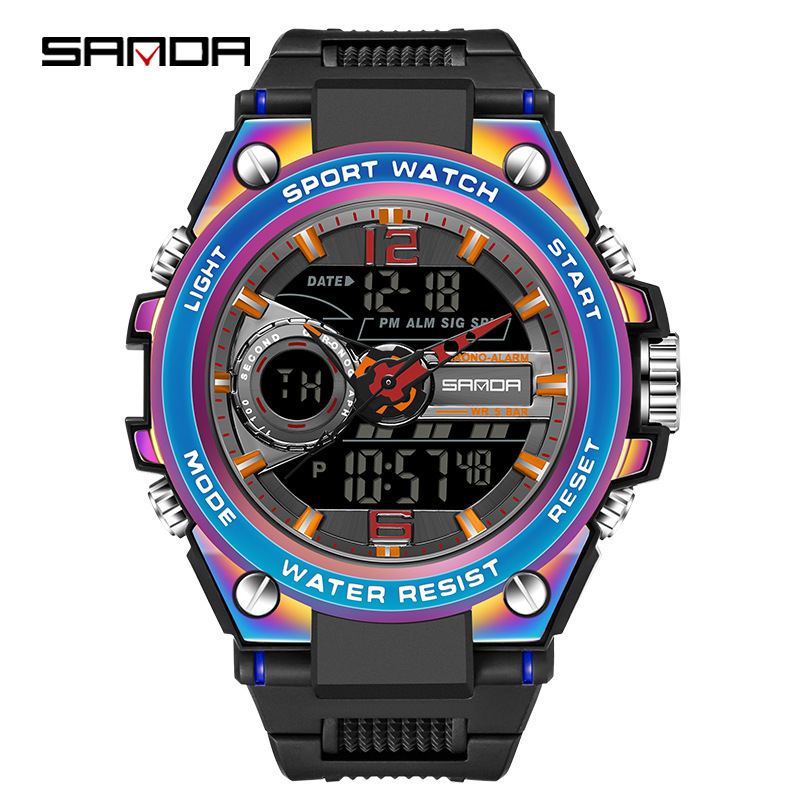 SANDA 6092 colorido reloj deportivo de los hombres multi-funcional colorido creativo doble pantalla electrónica reloj impermeable