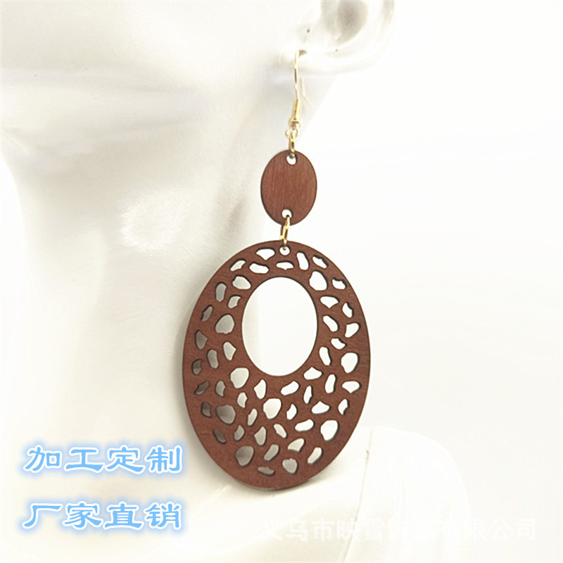 European-american Amazon cross-border Bohemian retro earrings Mesh cut wood pieces geometric oval earrings