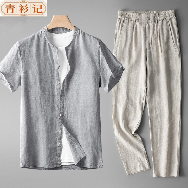 Nuevo conjunto de ropa de lino chino para hombres retro delgado de manga larga estilo chino algodón lino transpirable camisa casual de dos piezas