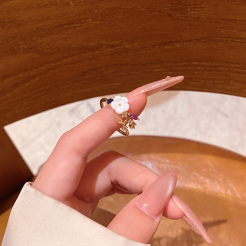 韓国の新鮮で絶妙なジルコンフラワーリング、女性用、開口部調整可能な人差し指リング、多用途で気質のあるラブリング