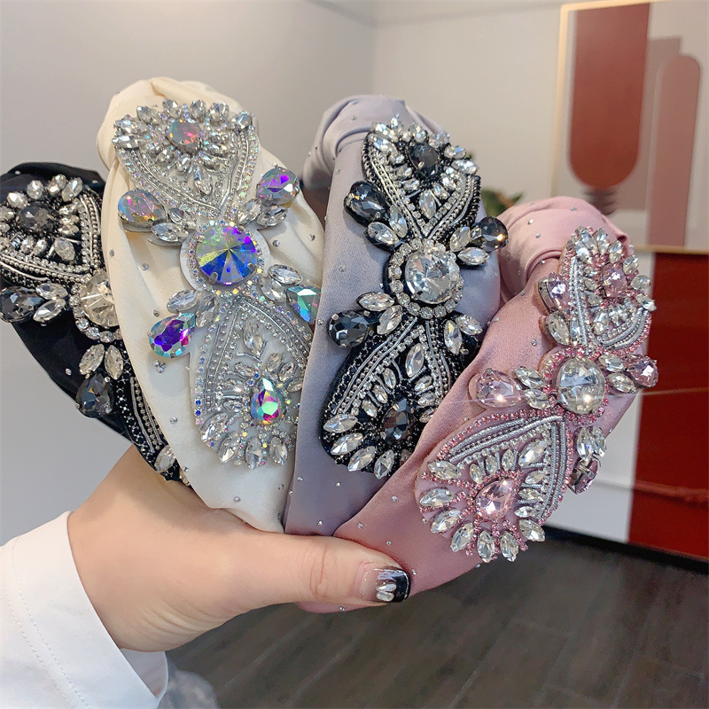 Water Droplets Pattern Women's Gender Retro Water Droplets Cloth Inlay Rhinestones Hair Band
