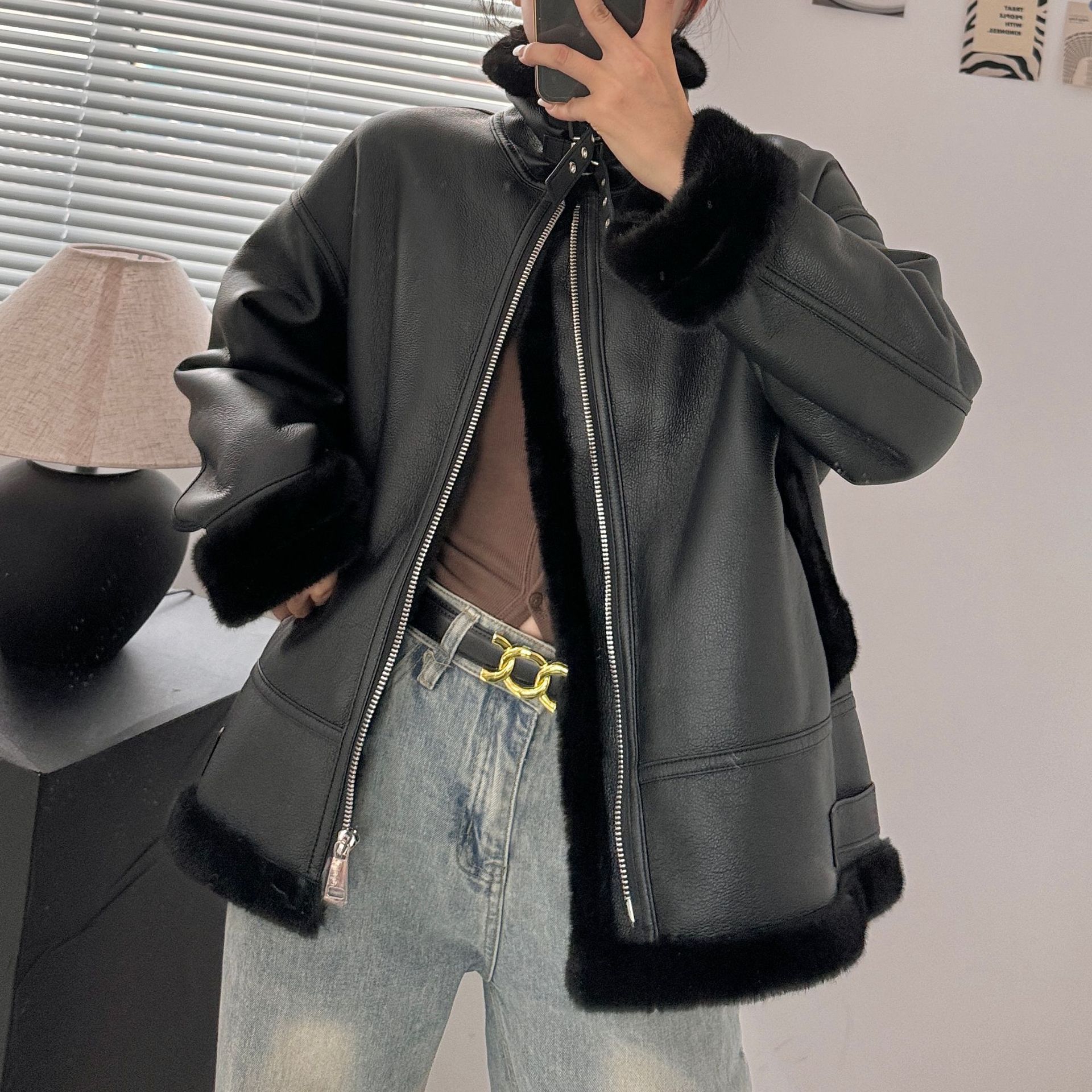 Women's Clothing retro motorcycle style belt decoration stand collar fur lamb wool thick warm coat women's jacket_voghion.com