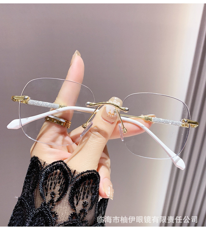 ベビーブレス フレームレス エッジカット グリッターメガネ アンチブルーライト スクエアフレーム 小顔 近視 ファッション レディース フラットミラー 変色アイ|undefined