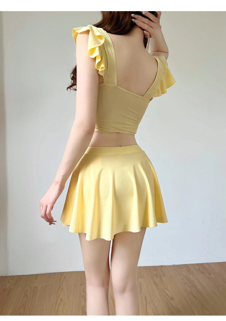 GraceChic 2025 Neuer hochwertiger gelber zweiteiliger Badeanzug im Rockstil für Damen – Bauchkontrolle, figurformend, für kleine Oberweite, konservativ, ideal für den Urlaub_voghion.com