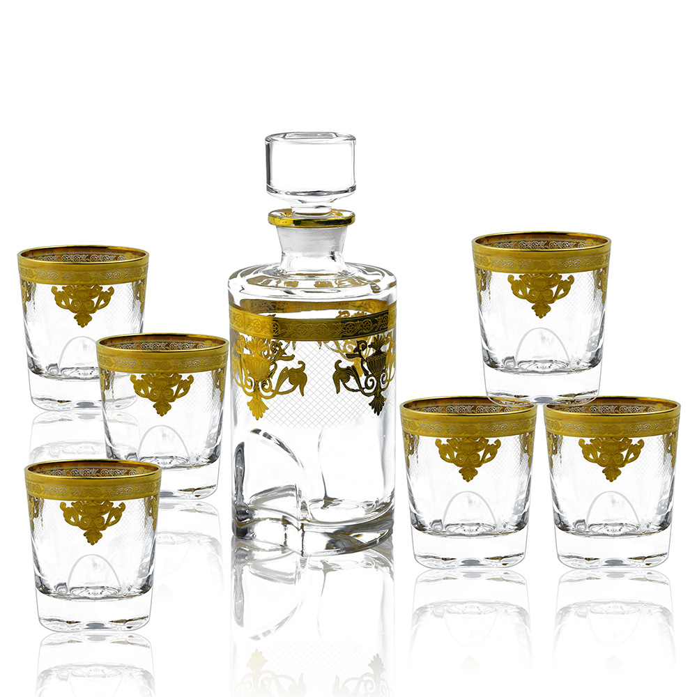 外贸欧式风格金钟杯浮雕花纸酒具套装 水晶玻璃出口酒具礼盒套装