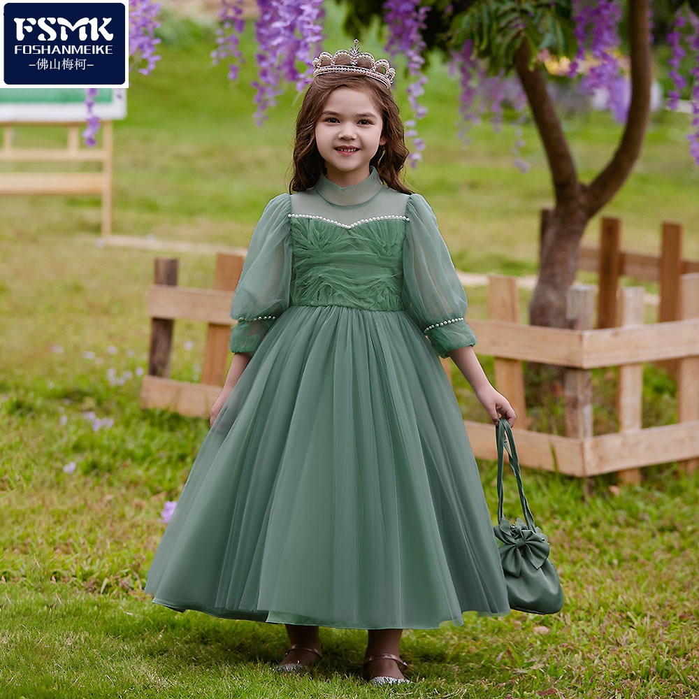 Deseo europeo y americano Nuevo vestido de las niñas de manga larga de los niños mullido hilo de flores niña princesa vestido anfitrión vestido de noche de los niños