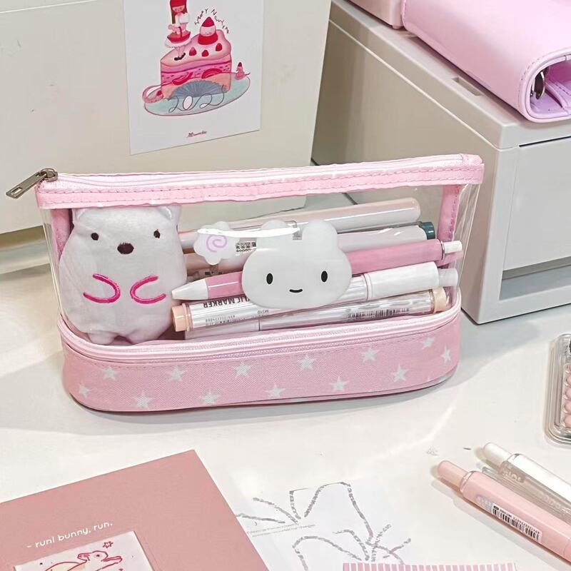 二層大容量縦型化粧品袋収納袋高価値透明女子学生大容量鉛筆文具袋|undefined