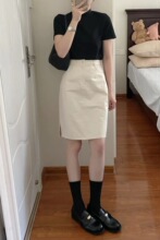 『七月自制』夏季新款白色高腰显瘦中裙A字开叉半身裙