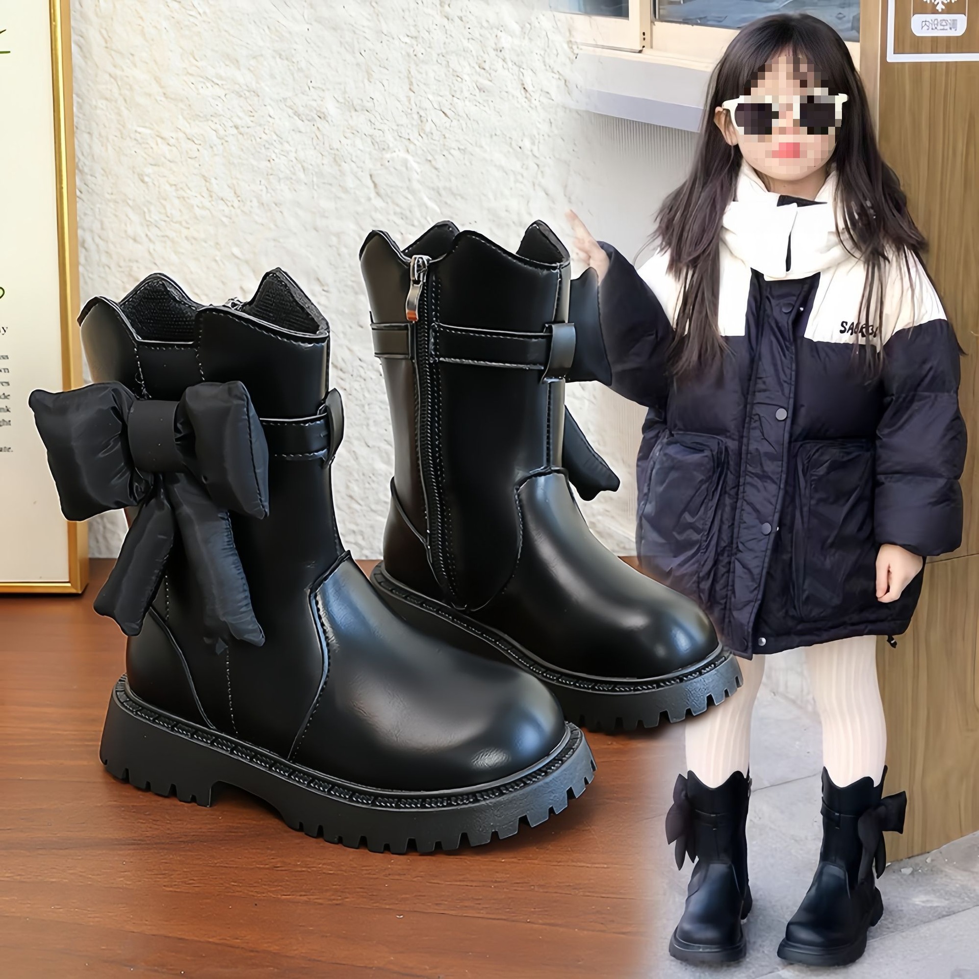 Girls' Boots 2025 Mid-Calf New Style Kidsren's Autumn and Winter High-Top Princess Fashion Casual Martin Leather Boots Fleece-Lined